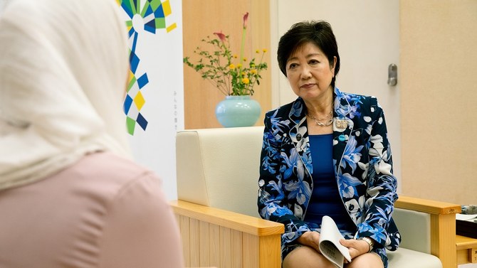  Governor or Tokyo Yuriko Koike speaking to Arab News journalist Hala Tashkandi.