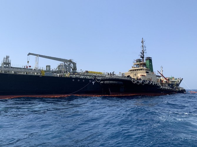 The Japanese oil tanker Kokuka Courageous off the port of Fujairah on June 19, 2019. (AFP)