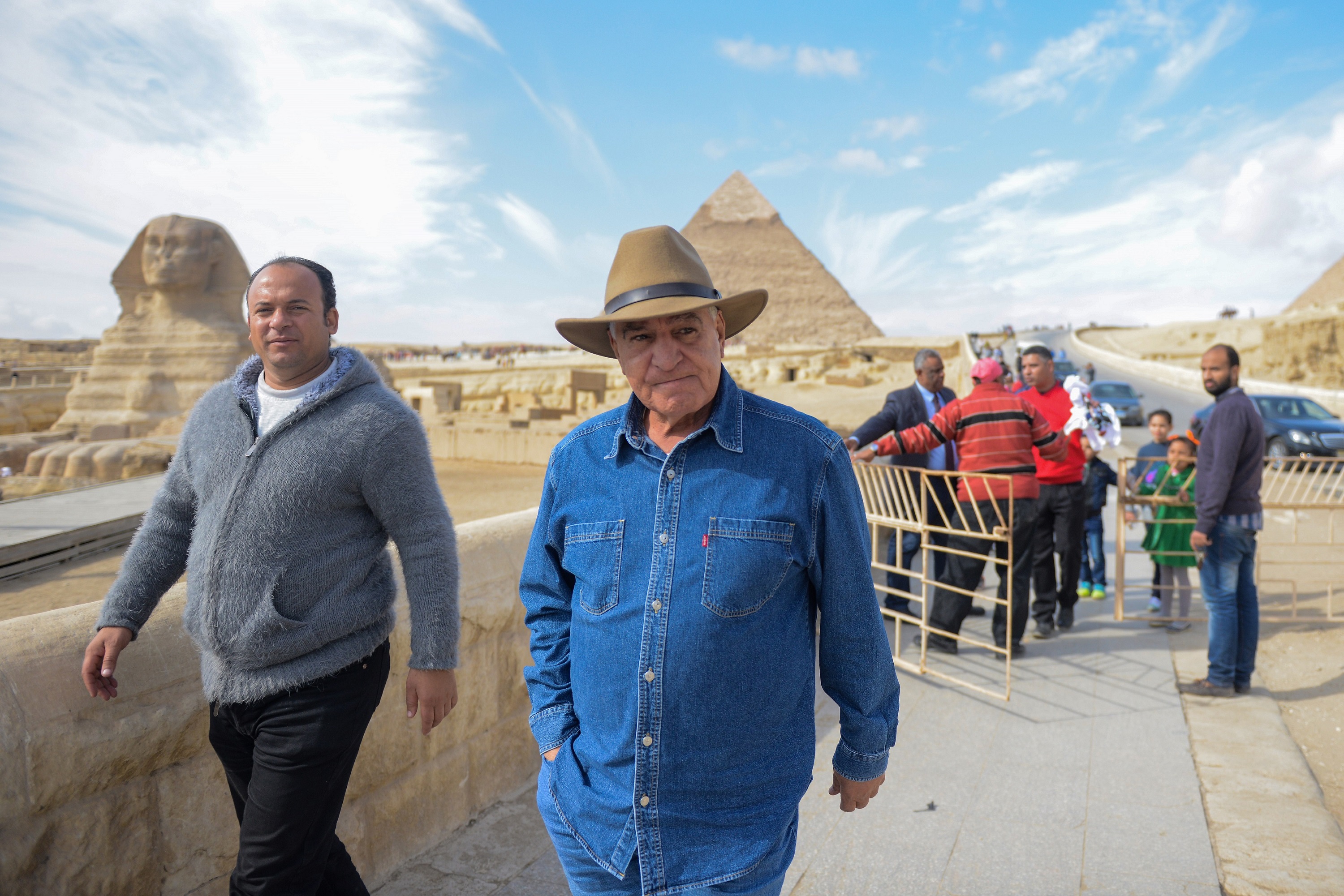 Prominent Egyptian archaeologist and former minister of antiquities, Zahi Hawas, during a visit to the historic site of the Giza Pyramids. (AFP)