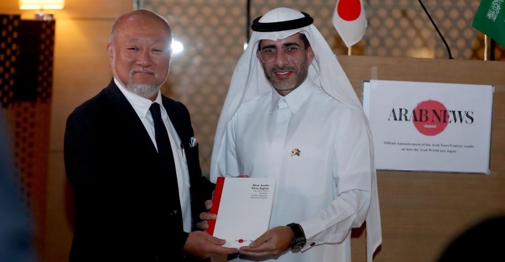 Arab News Editor in Chief Faisal J. Abbas presents a copy of the findings of the Arab News/YouGov poll to Japan’s Ambassador to Saudi Arabia Tsukasa Uemura.