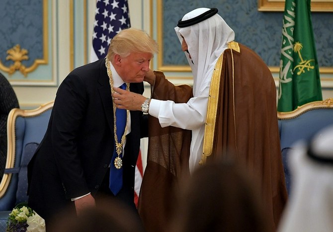 On May 20, 2017 US President Donald Trump received the Order of Abdulaziz al-Saud medal from Saudi Arabia's King Salman bin Abdulaziz al-Saud (R) at the Saudi Royal Court in Riyadh. (File/Mandel Ngan/AFP)