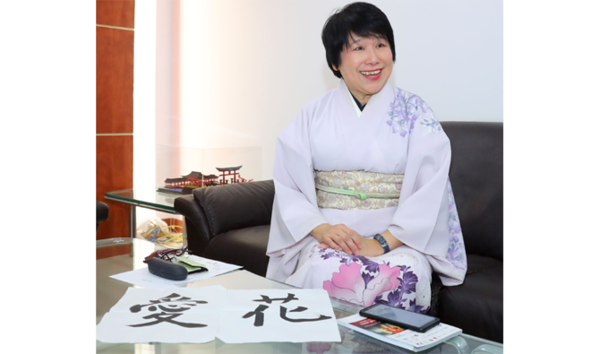 Japanese Calligraphy & Tea Ceremony artist Wakako Yamaguchi speaking to Arab News in Riyadh (AN Photo by Ali Aldhahri)