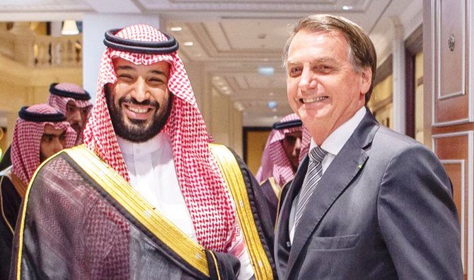 Crown Prince Mohammed bin Salman with Brazilian President Jair Bolsonaro at the FII forum in Riyadh. (SPA)
