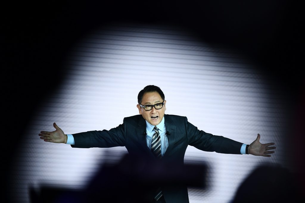 Toyota’s President Akio Toyoda delivers a speech during the Tokyo Motor Show in Tokyo on October 23, 2019. (AFP)