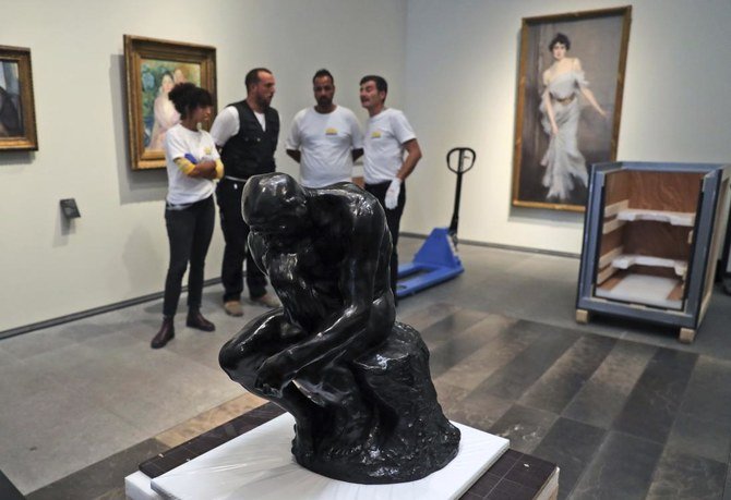 Rodin’s The Thinker is put on display at the Louvre Museum in Abu Dhabi. The renowned statue is on a one year loan from the Rodin museum in France. (AP Photo)