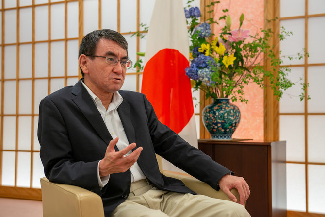 Japan’s Foreign Minister Taro Kono is actively advocating a bigger political role for his country in the Arab world. (Alexis Willaume/Arab News)