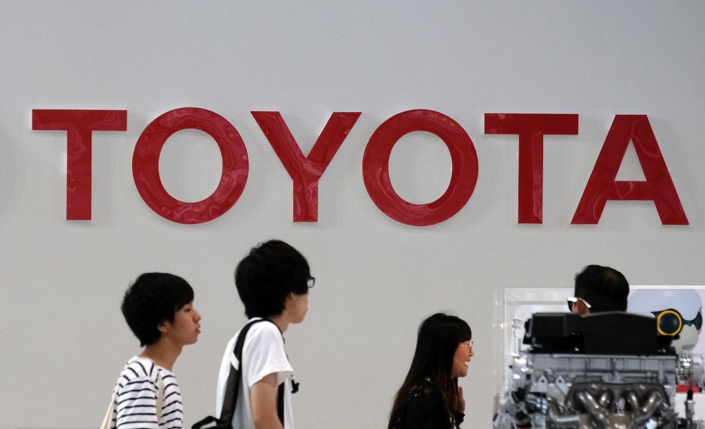 The logo of Japan’s Toyota Motors is displayed at their showroom in Tokyo on August 3, 2018. (AFP)