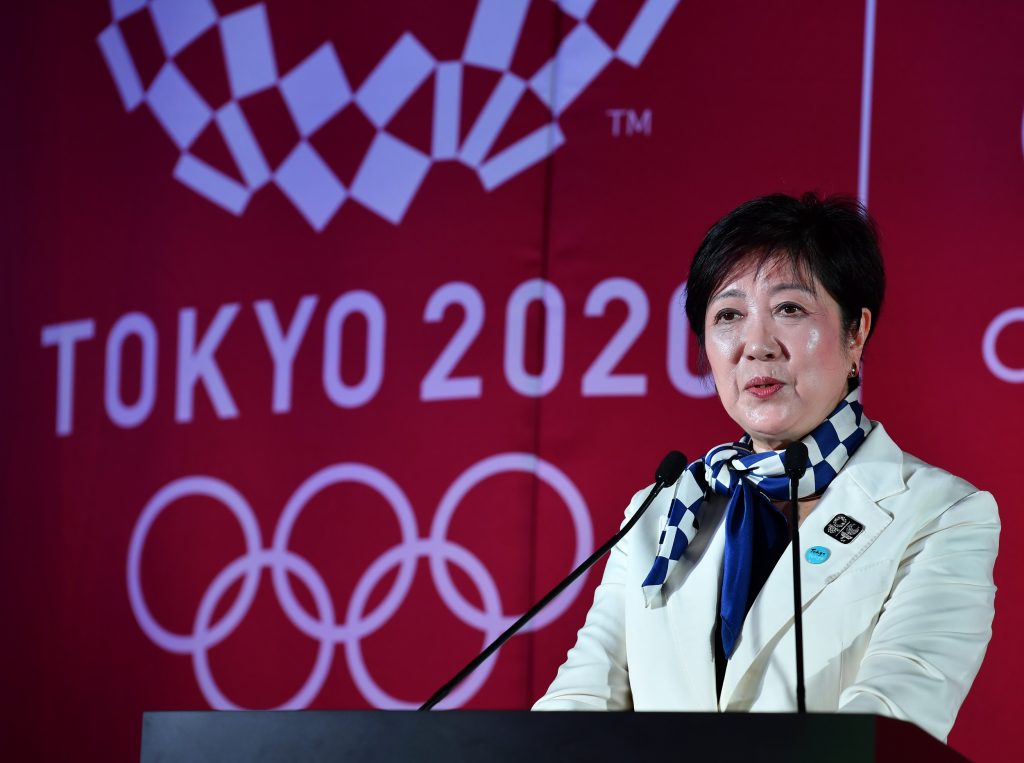 Tokyo Governor Yuriko Koike delivers a speech during a ceremony to unveil the one-year countdown clock for the Tokyo 2020 Olympic Games at the Tokyo railway station on July 24, 2019. (AFP)