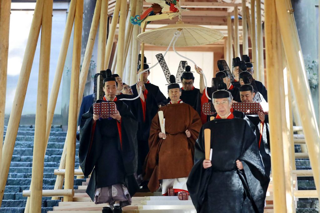 Emperor Naruhito and Empress Masako attends a ritual at the inner shrine of the Ise Jingu Shrine in Ise, Mie Prefecture. (AFP)
