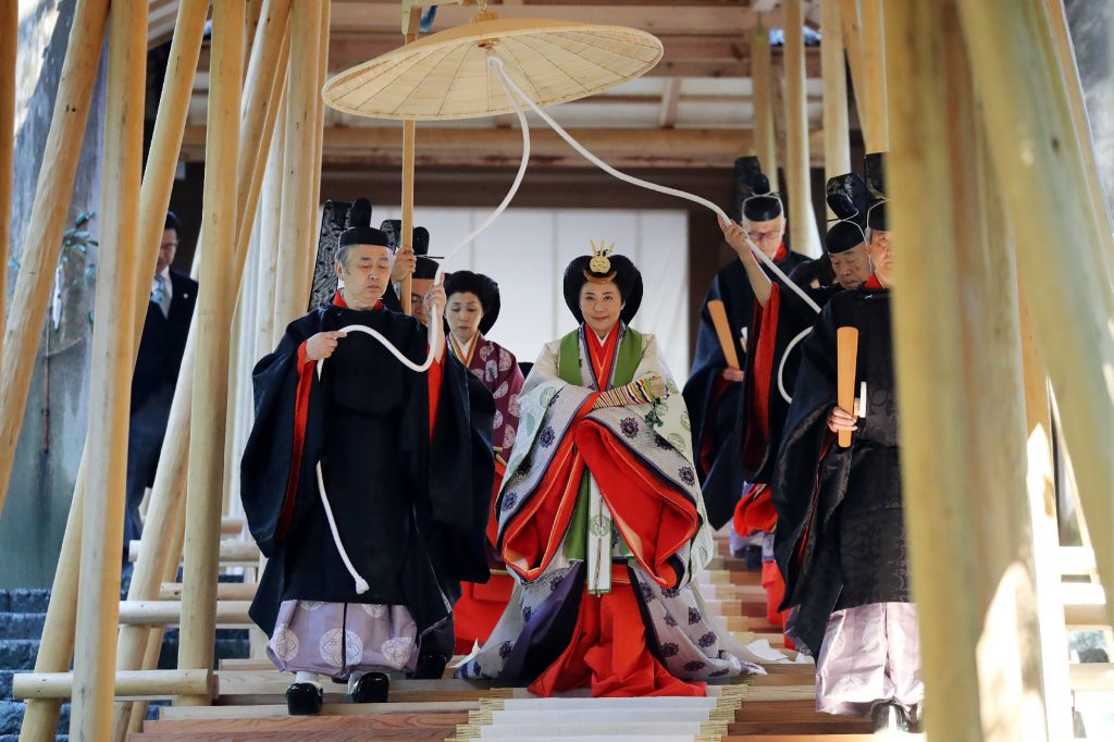 Emperor Naruhito and Empress Masako attends a ritual at the inner shrine of the Ise Jingu Shrine in Ise, Mie Prefecture. (AFP)