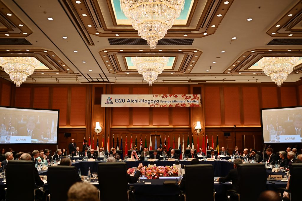 Japan's Foreign Minister Toshimitsu Motegi (C) and other foreign ministers take part in the third plenary session of the G20 foreign ministers' meeting in Nagoya, Aichi prefecture on November 23, 2019. (AFP)