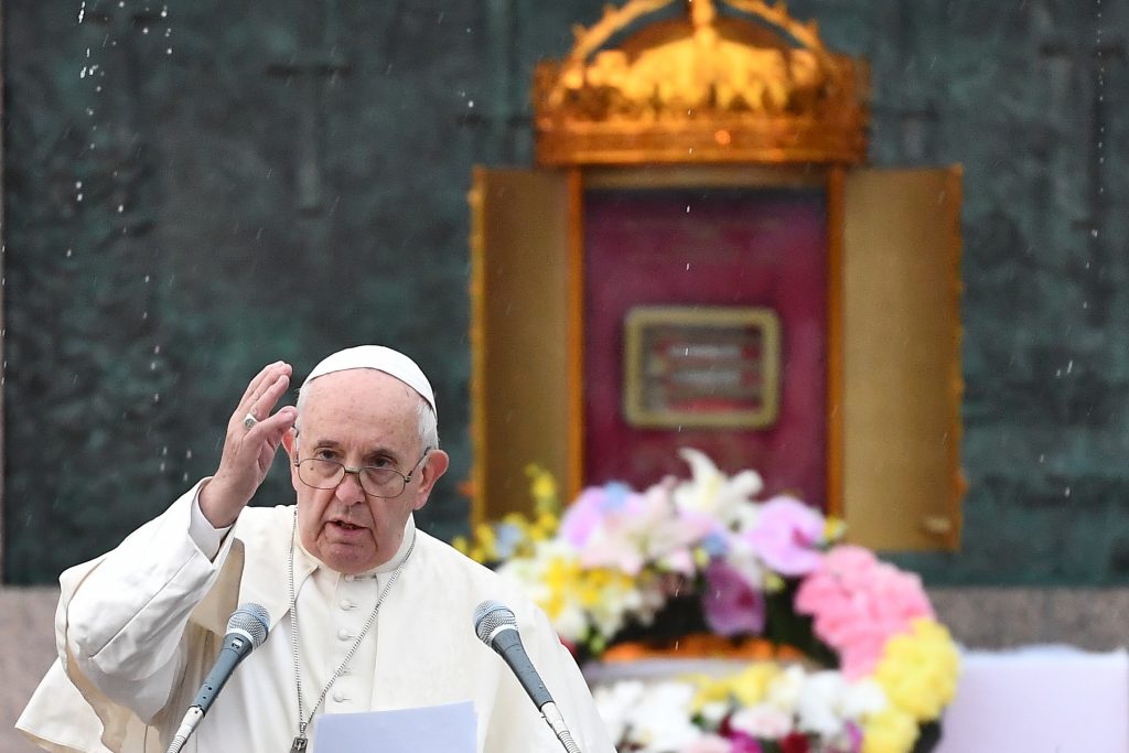 Pope Francis delivers a speech in front of the Twenty-Six Martyrs Monument in Nagasaki on November 24, 2019. Pope Francis railed against the use of nuclear weapons. (AFP)