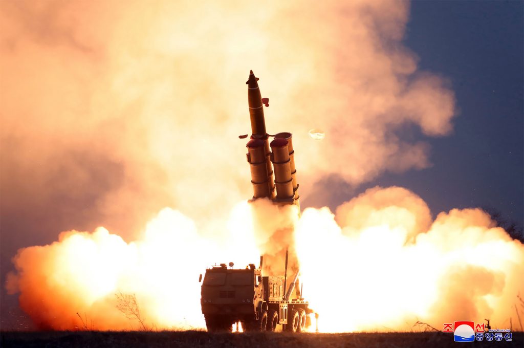 This undated and undlocated picture released from North Korea's official Korean Central News Agency (KCNA) on November 29, 2019 shows the test-fire of a super-large multiple launch rocket system. (AFP)