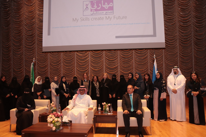 Group photo: British Ambassador Simon Collis (Sitting right), KSU Rector Badran Al Omar (Center) with students and trainers. (Supplied)