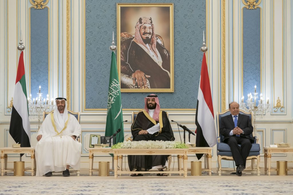 Saudi Crown Prince Mohammed bin Salman, Crown Prince of Abu Dhabi Sheikh Mohamed bin Zayed Al-Nahyan (left) and Yemen's President Abedrabbo Mansour Hadi (right) attend a peace-signing ceremony between the Saudi-backed Yemeni government and the southern separatists in the capital Riyadh. (AFP file)