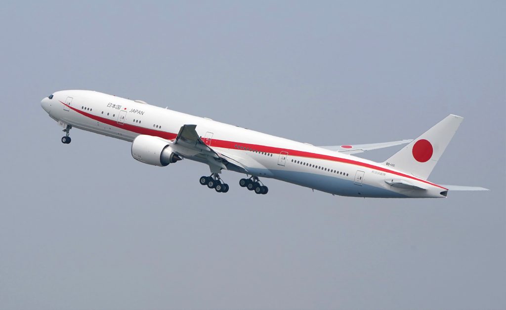 The Japanese government’s new official aircraft for VIPs, a Boeing 777-300ER, takes off with Prime Minister Shinzo Abe from Tokyo’s Haneda Airport on April 22, 2019. (JIJI PRESS / AFP)