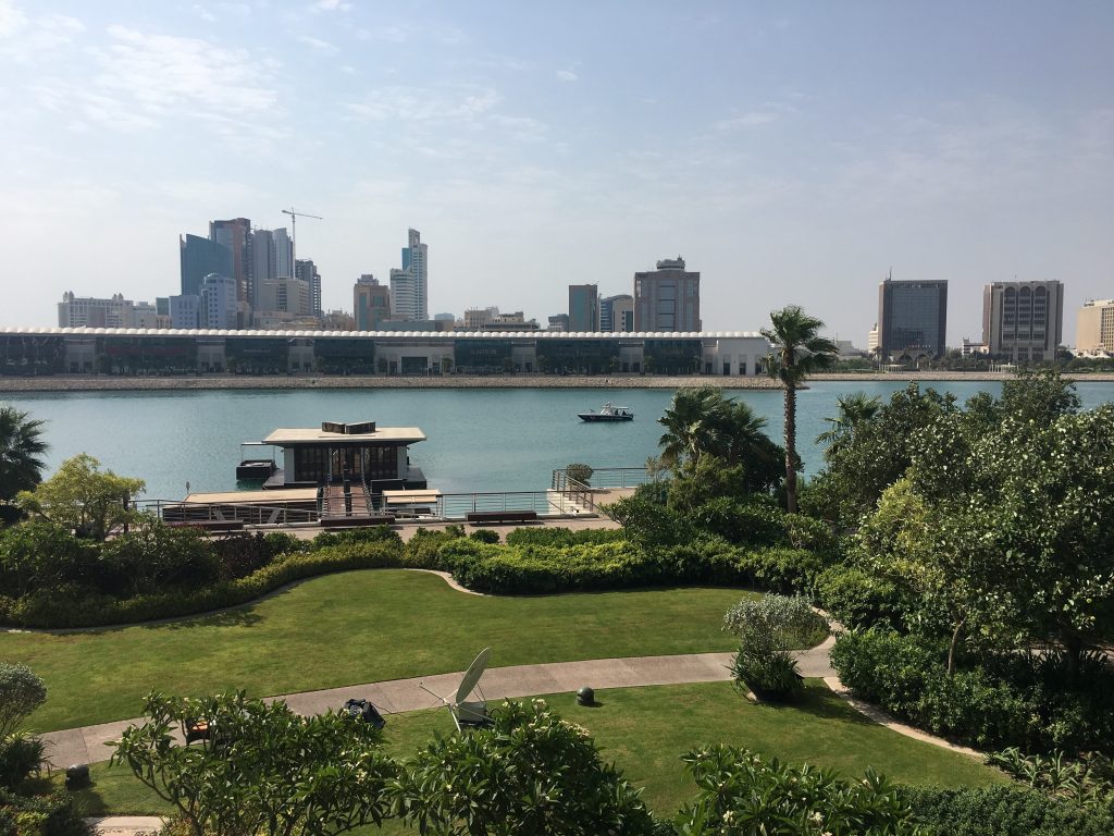 A Bahraini coast guard boat keeps guard in waters outside the Four Seasons Bahrain Bay hotel in Manama on June 26, 2019. (AFP)