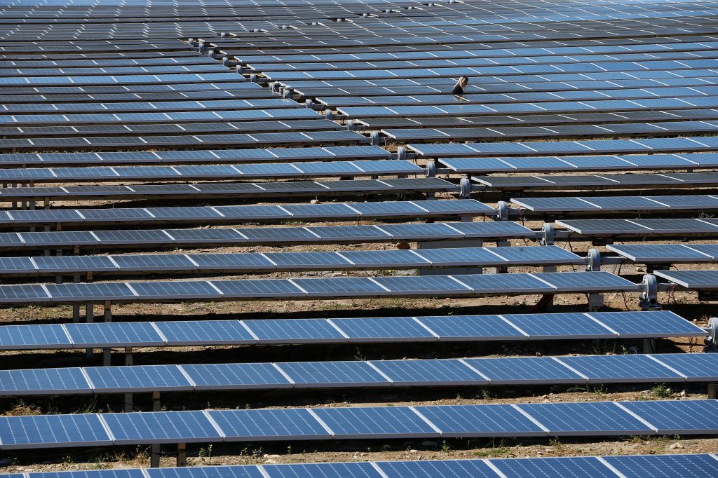 A woman walks between solar panels during the inauguration of a solar farm in Giuncaggio on October 8, 2019 on the French Mediterranean island of Corsica. (AFP)