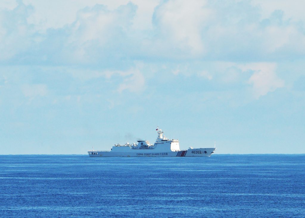 Chinese coastguard ship monitoring during the joint search and rescue exercise between Philippine and US coastguards near Scarborough shoal, in the South China Sea, on May 14, 2019. (AFP)