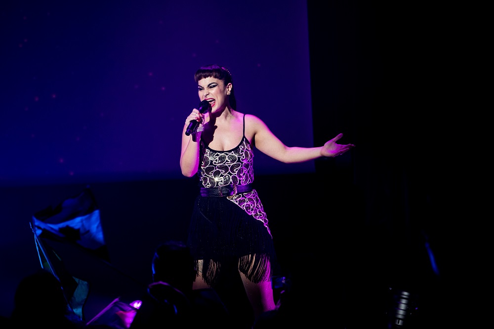 In this picture taken on November 28, 2019, Val Monique of Panama sings during the Karaoke World Championships in Tokyo. (AFP)