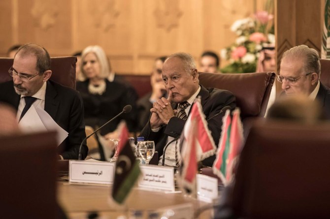 Arab League Secretary-General Ahmed Aboul Gheit (C) attends an emergency meeting at the Arab League headquarters in the Egyptian capital Cairo, on November 25, 2019, to discuss the US decision to no longer consider Israeli settlements in Palestinian Territories illegal. (AFP)