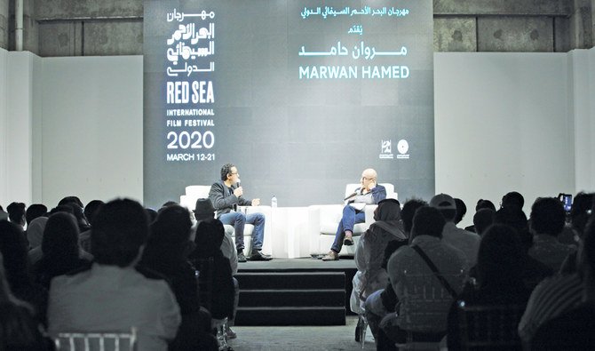 Egyptian film director Marwan Hamed, left, and Antoine Khalife, director of the Arab Program, during the masterclass. (Supplied)