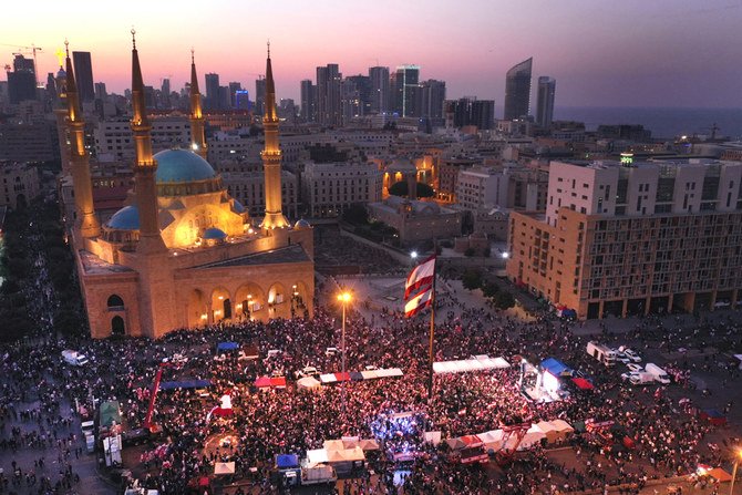 In this photo from a drone, anti-government protesters gather during separate civil parade at the Martyr square, in downtown Beirut, Lebanon,on Nov. 22, 2019. (AP Photo/Hussein Malla)