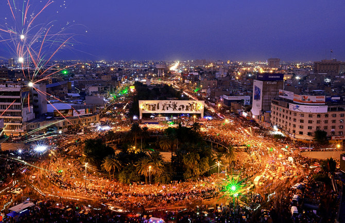 Anti-government protesters gather in Tahrir Square during ongoing protests in Baghdad, Iraq, on Oct. 31, 2019. (AP Photo/Khalid Mohammed)