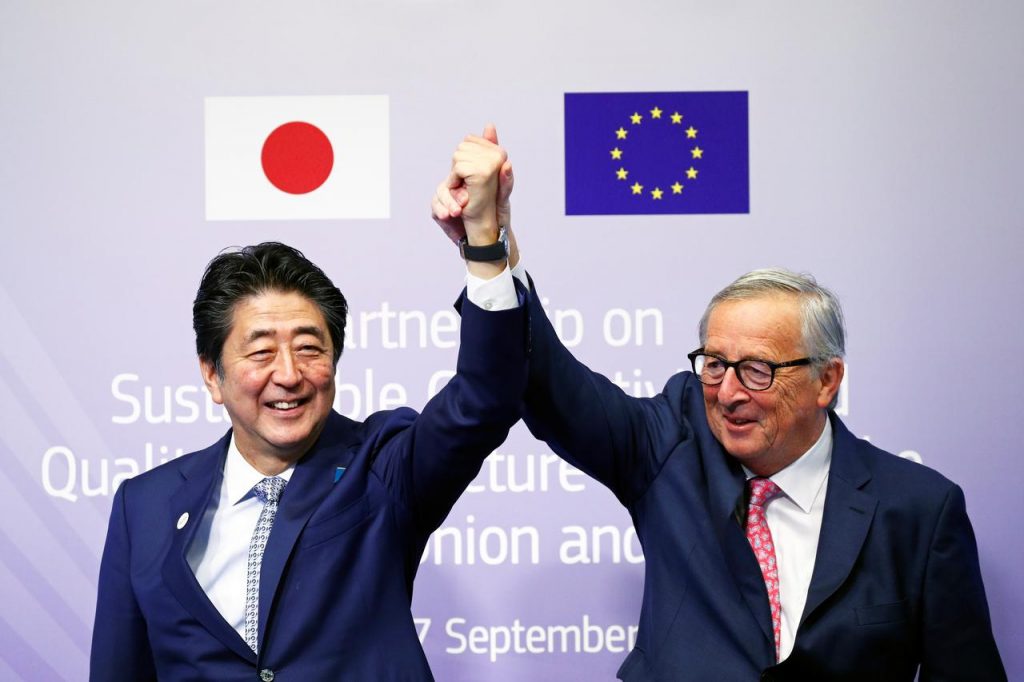 EC President Jean-Claude Juncker and Japan’s PM Shinzo Abe during the Communication Connecting Europe and Asia conference, in Brussels. (Reuters)