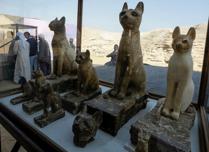 Cat statues that were found inside a cache, at the Saqqara area near its necropolis, are pictured in Giza, Egypt, Nov. 23, 2019. (Reuters)