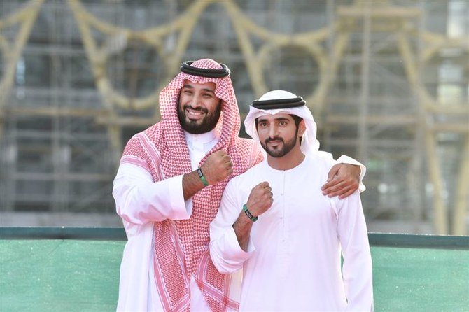 Mohammed bin Salman and Sheikh Hamdan also visited the Saudi pavilion and were given an explanation about its various sections. (Dubai Media Office)