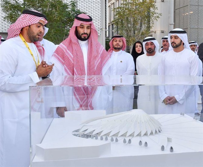 Mohammed bin Salman and Sheikh Hamdan also visited the Saudi pavilion and were given an explanation about its various sections. (Dubai Media Office)