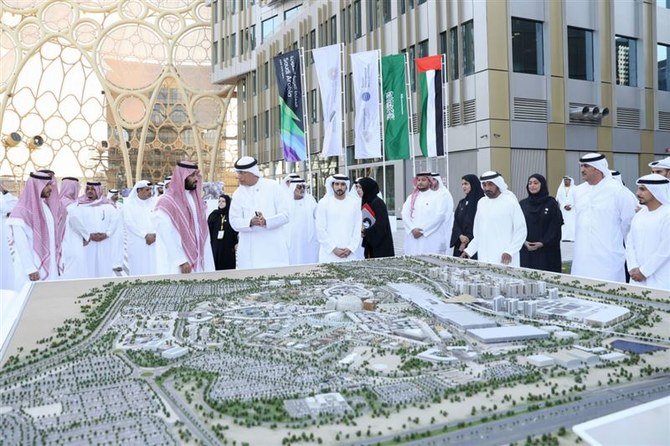 Mohammed bin Salman and Sheikh Hamdan also visited the Saudi pavilion and were given an explanation about its various sections. (Dubai Media Office)
