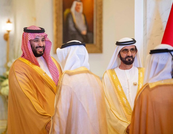 Saudi Crown Prince Mohammed bin Salman and Dubai Ruler Sheikh Mohammed bin Rashid Al-Maktoum discussed bilateral ties during their talks on Thursday. (SPA)