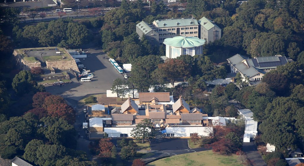 This aerial view taken on November 13, 2019 shows the Daijokyu venue at the Imperial Palace in Tokyo. (AFP)