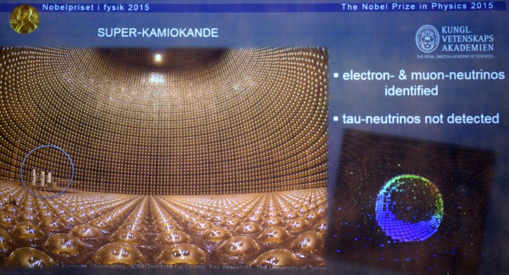 A picture of the Super-Kamiokande detector and an illustration describing the research field of Takaaki Kajita of Japan, co-winner of the Nobel Prize in Physics 2015, are displayed on a screen during a press conference of the Nobel Committee in 2015. (AFP)