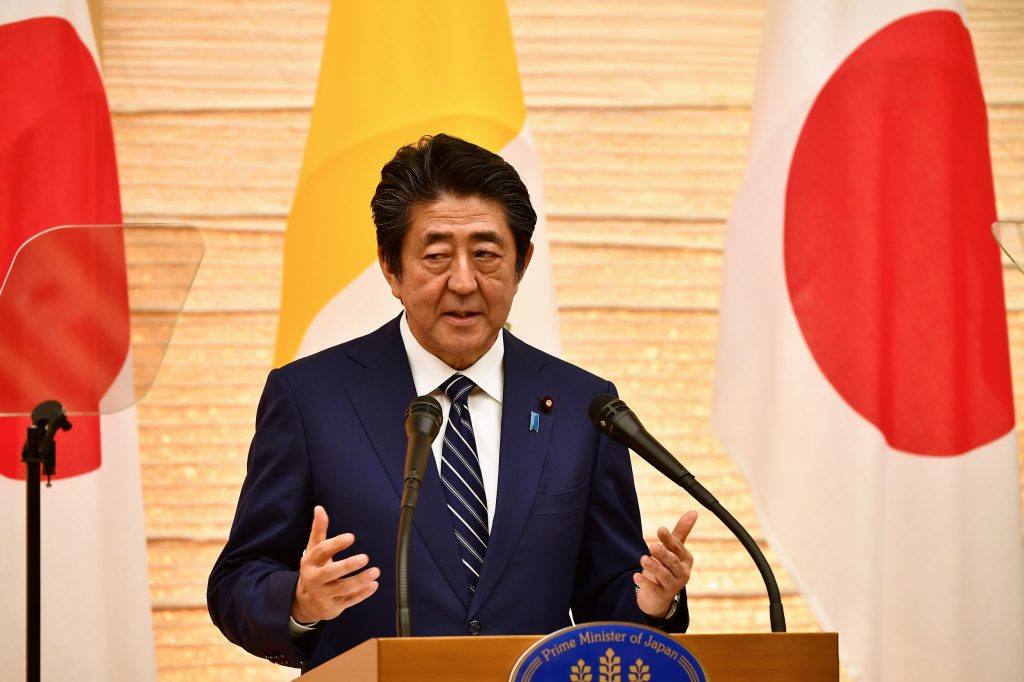 Prime Minister Shinzo Abe speaks during a meeting with the diplomatic community with Pope Francis (not pictured) in Tokyo on November 25, 2019. (AFP)