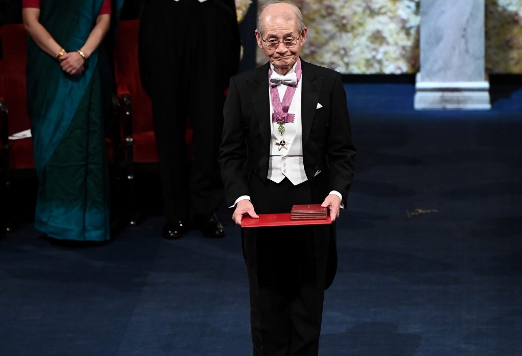 Akira Yoshino poses with his Nobel prize during the Nobel awards ceremony at the Concert Hall in Stockholm, Sweden on December 10, 2019. (AFP)