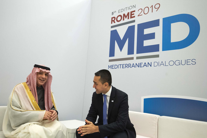 Italian Foreign Minister Luigi Di Maio meets with Saudi Arabia’s Foreign Minister Adel Al-Jubeir, left, at the Rome Med 2019 – Mediterranean Dialogues summit, in Rome. (AP)