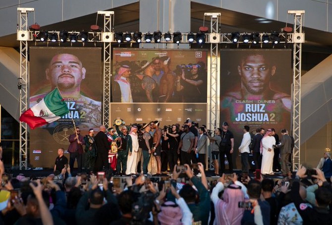 Defending world heavyweight champion Andy Ruiz Jr. and challenger Anthony Joshua weigh in for their Clash on the Dunes bout on Friday. (Matchroom Boxing)