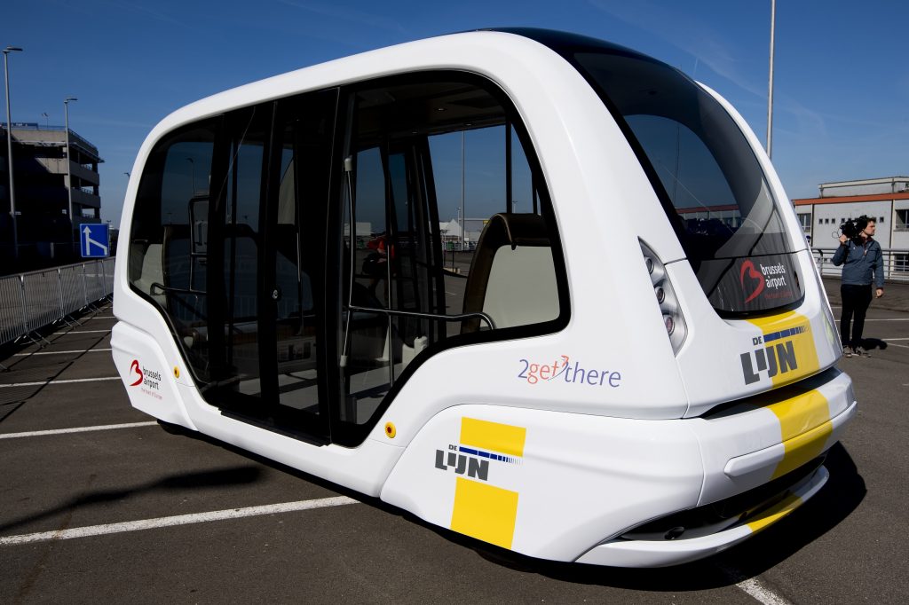 A self-driving electric shuttle bus during its presentation at Brussels Airport on May 13, 2019. (File photo/AFP)