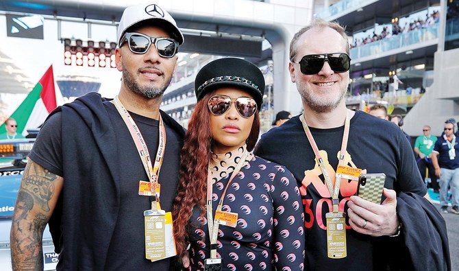 US DJ Swizz Beatz, left, after the F1 race in Abu Dhabi. With the F1 shows now over for another year, Flash is seeking to expand in Saudi Arabia. (Reuters)