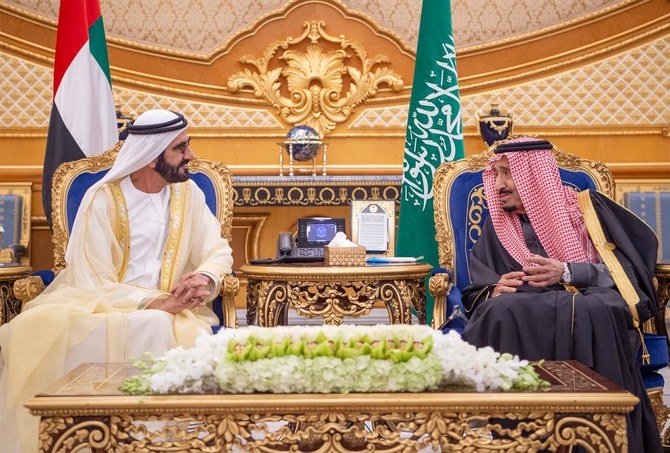 King Salman welcomes the Dubai Ruler Sheikh Mohammed bin Rashid Al-Maktoum. (SPA)