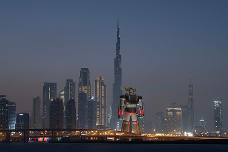Grendizer keeping a watch on Downtown Dubai and its iconic Burj Khalifa by Marc Ninghetto at the MB&F M.A.D.Gallery at Dubai Mall. (info@madgallery.ae)