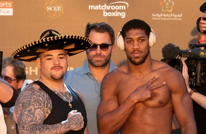 Andy Ruiz Jr. and Anthony Joshua at the weigh in on Friday in Riyadh. (AN Photo/Ziyad Alarfaj)