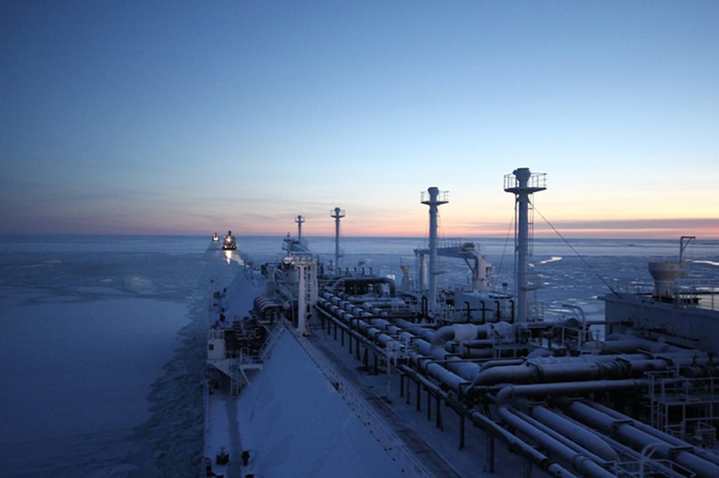 A handout photo provided by Russian gas giant Gazprom press service and taken on November 15, 2012, shows the Ob River tanker able to carry LNG sailing somewhere in the undisclosed location in the Arctic. (AFP)