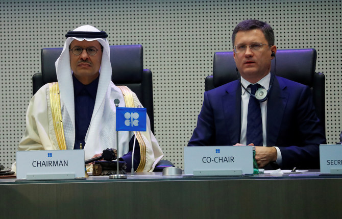 Saudi Arabia's Minister of Energy Prince Abdul Aziz bin Salman and Russia's Energy Minister Alexander Novak are seen at the beginning of an OPEC and NON-OPEC meeting in Vienna, Austria December 6, 2019. (Reuters)