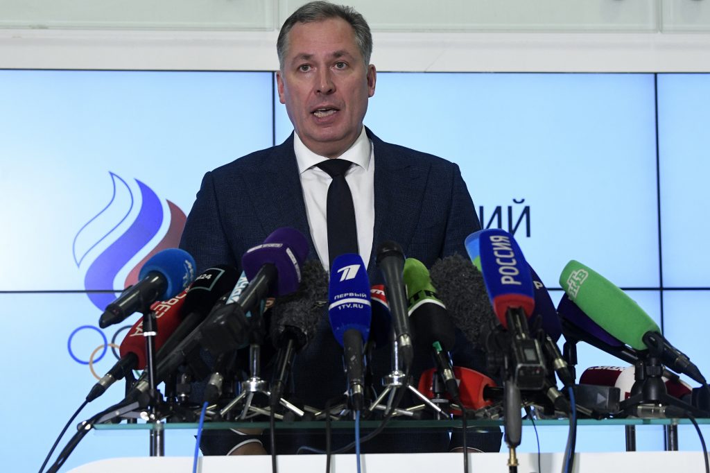 President of the Russian Olympic Committee (ROC) Stanislav Pozdnyakov holds a press conference in Moscow on December 9, 2019. (AFP)
