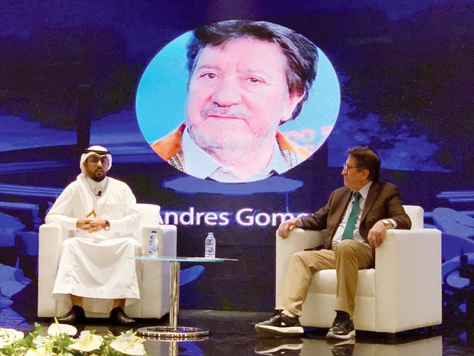 Oscar-winning producer Andres Gomez speaks during a session at the Saudi Media Forum in Riyadh on Monday. (AN photo)