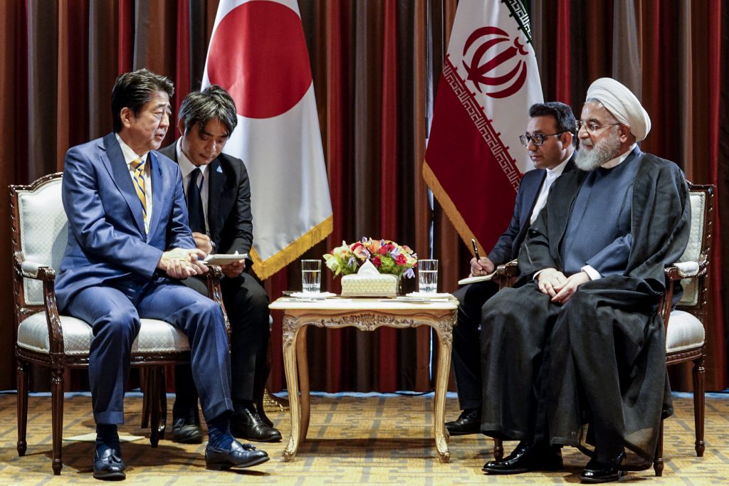 A handout picture provided by the Iranian presidency on September 24, 2019 shows President Hassan Rouhani (R) meeting with Japanese Prime Minister Shinzo Abe (L) on the sidelines of the 74th United Nations General Assembly in New York. (AFP)